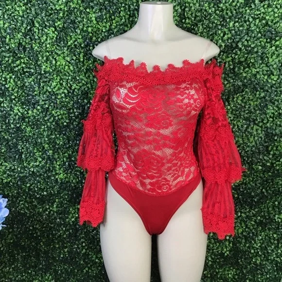 Red off shoulder bell sleeve lacey sheer bodysuit nwt - Picture 3 of 10
